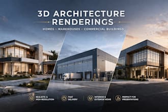 3d architecture renderings include homes, warehouses, and commercial buildings