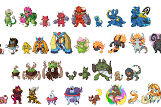 design custom fakemon art creatures with evolution lines and trainer sprites