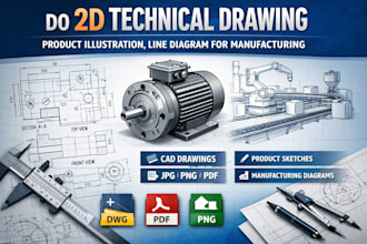 do 2d technical drawing product illustration, line diagram for manufacturing