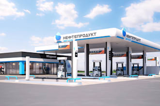 design modern 3d gas station, car wash, parking lot and convenience store