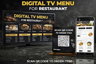 design a digital TV menu for restaurant, cafe, bar food and drink with qr code