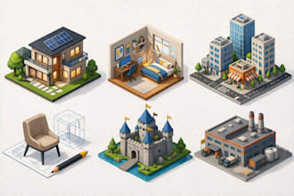 design a custom 3d isometric or 2d map illustration isometric 3d room concept