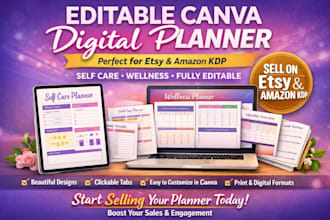 design canva editable digital planner, self care and wellness planner, etsy, kdp