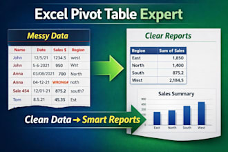 do excel pivot tables, data analysis, charts, and report