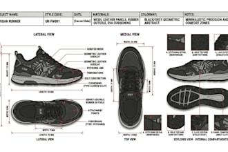 create custom shoe tech pack, sneaker, footwear tech pack for manufacturers