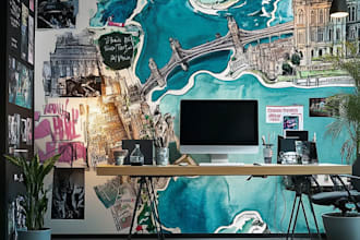 illustrate doodle wall art mural for office restaurant home