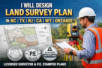 design land survey plan in nc tx nj ca wy ontario, land surveyor stamp pe