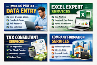 data entry, excel expert, tax consultat, company formation