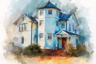 create house and building photo into watercolor art