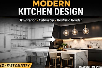 design modern kitchen interior in 3d, cabinetry and photorealistic rendering