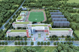 remodel school building 3d model, urban landscape, exterior design, masterplan