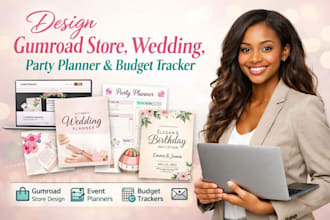 design gumroad store wedding birthday party planner budget tracker invitation