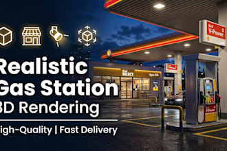 create realistic 3d gas station and convenience store rendering