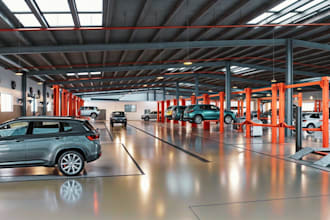 create 3d automobile workshop design and realistic rendering