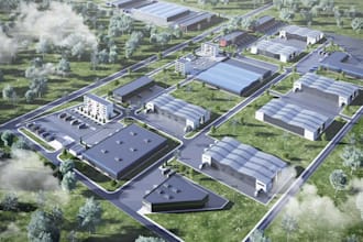 redesign 3d warehouse complex, industrial site render, cgi urban master planning