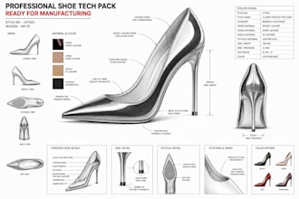 design luxury footwear sneakers, tech pack heels shoe sketch for manufacturing