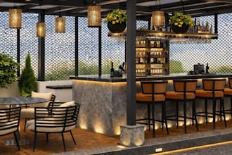 walkthrough 3d profitable rooftop lounge interior,bar area render,sitting layout