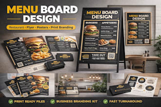 menu board design, restaurant menu board design, business cards and flyers