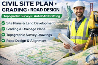create site plan, grading plan, topographic survey and road design in autocad
