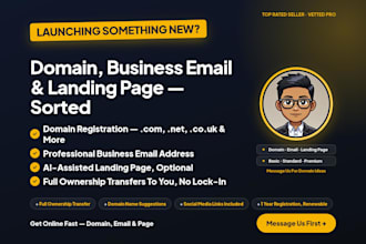 register domain name, business email, website landing page