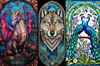draw fantasy stained glass art for your 2d character,stained glass illustration