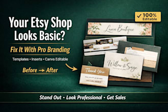 design etsy branding package, shop templates, product insert, canva editable