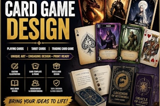 design custom card game, playing cards, tarot cards, trading card game art, tcg