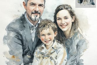 draw watercolor family portrait painting from combine photo