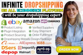 do full dropshipping setup, product sourcing, dsers, shopify, ebay, woocommerce