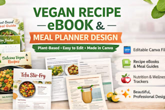 make canva vegan recipe ebook, plant based meal guide planner, nutrition tracker