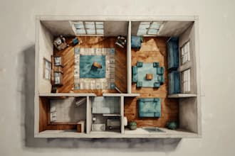 draw building and interior floor plans in watercolor