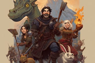 draw a gritty dnd party illustration and dark fantasy character concept art