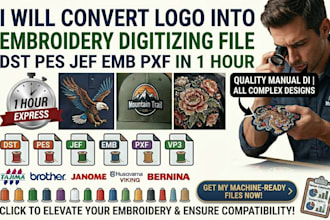 convert logo into embroidery digitizing file dst pes jef emb pxf in 1 hour