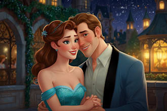 illustrate you as a disney fairy tale couple