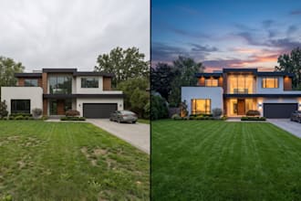 do realistic real estate day to dusk and virtual twilight photo editing