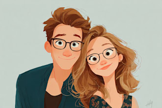 personalized couple cartoon portrait romantic storybook style illustration