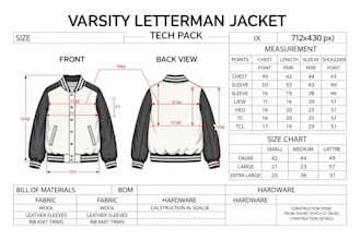 design varsity jacket, bomber jacket with full tech pack for manufacturing