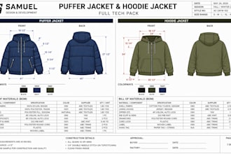 design puffer jacket and hoodie jacket with full tech pack for manufacturing