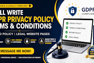 write gdpr privacy policy terms and conditions, refund policy, legal website