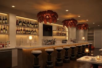 contemporary 3d cocktail dinning bar interior, lounge render ,bar shelves design