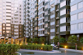 modern 3d apartment complex, residential buildings, urban housing, balconies,