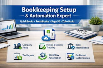 setup bookkeeping for quickbooks, freshbooks, sage 50, zohobook, task automation