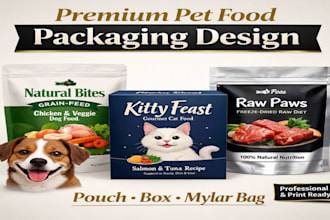 design premium pet food packaging, pouch, box, and mylar bag design