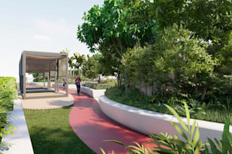 design modern landscape, rooftop garden and create realistic 3d renders
