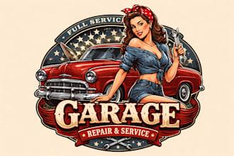 design custom vintage lady car garage logo with t shirt design