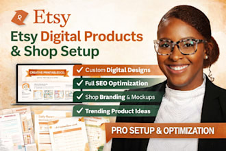 design etsy digital products, shop setup, SEO listing and branding