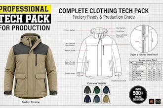 create clothing tech pack, fashion tech pack, flat sketch and technical drawing