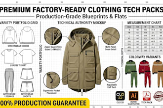 create clothing tech pack, flat sketch and technical drawing for production