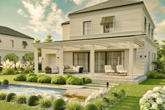 do front yard landscape design fireplace terrace patio and pool deck 3d render