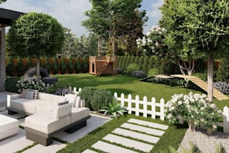 do photorealistic 3d landscape, backyard, garden, pool and outdoor design